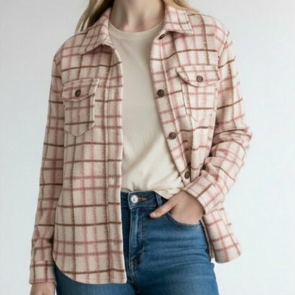 Joie Women's Pink White Fall Flannel Fleece Button Shirt Jacket Shacket Small